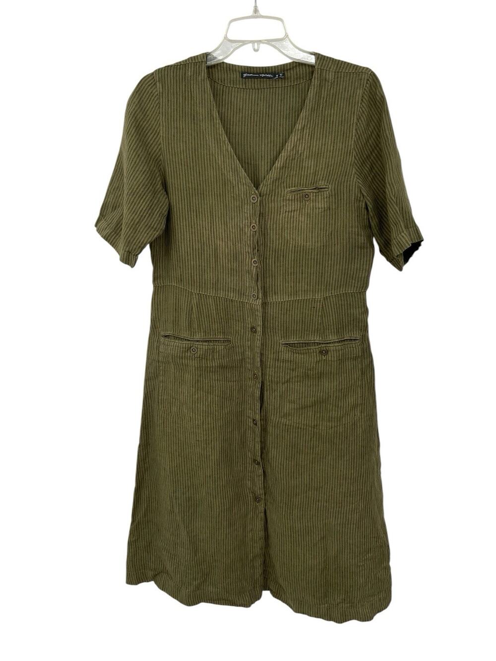 Gudrun Sjoden Dress Green Stripe Linen Buttonfront Lagenlook Size Small